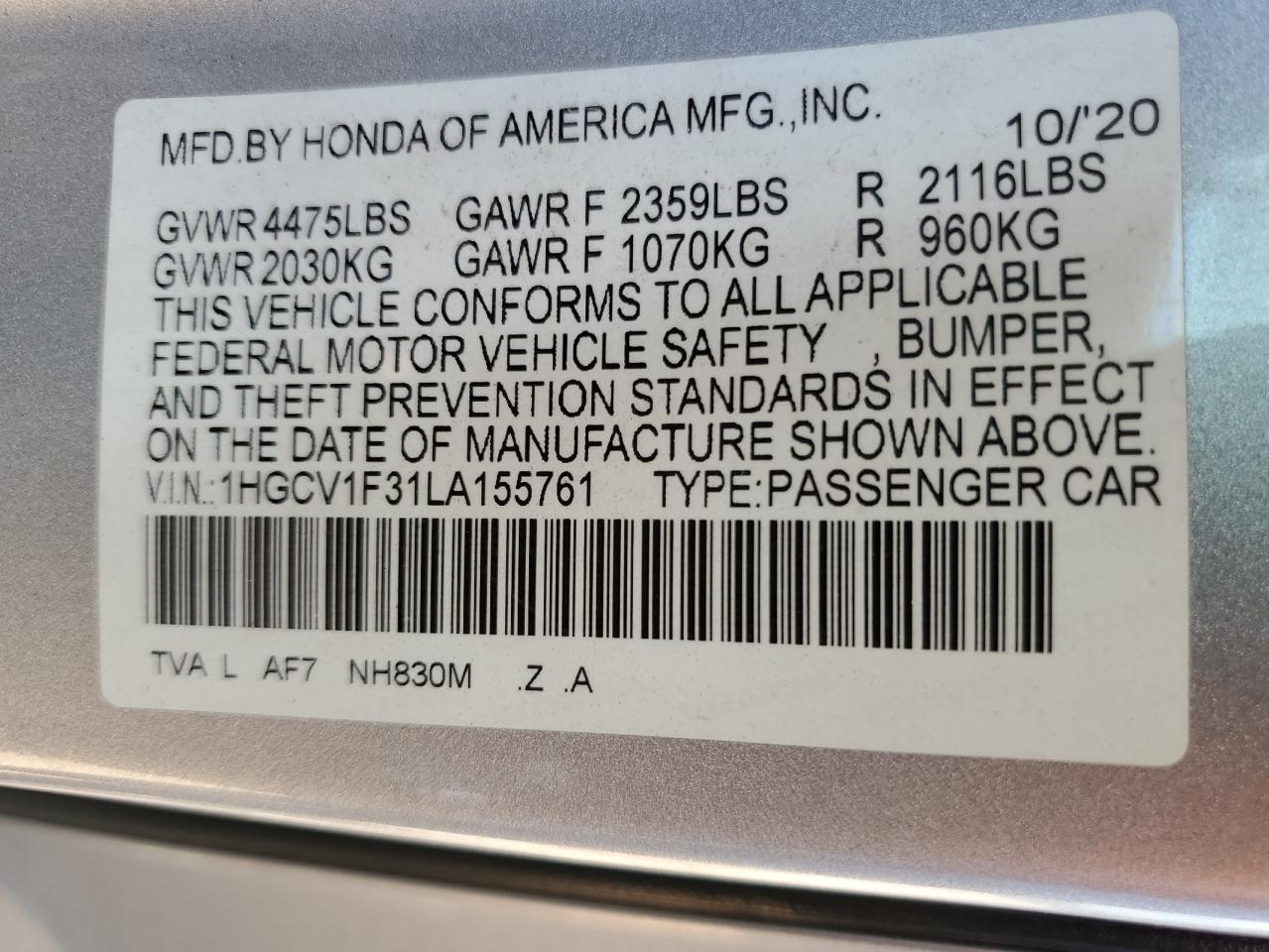 2020 Honda Accord Sport VIN: 1HGCV1F31LA155761 Lot: 82246835