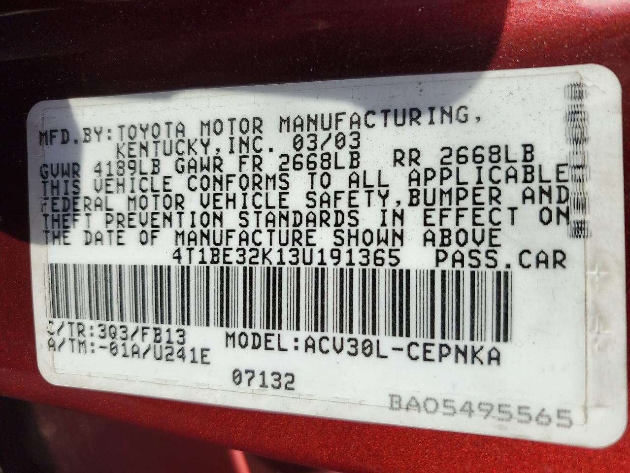 2003 Toyota Camry Le VIN: 4T1BE32K13U191365 Lot: 87035215