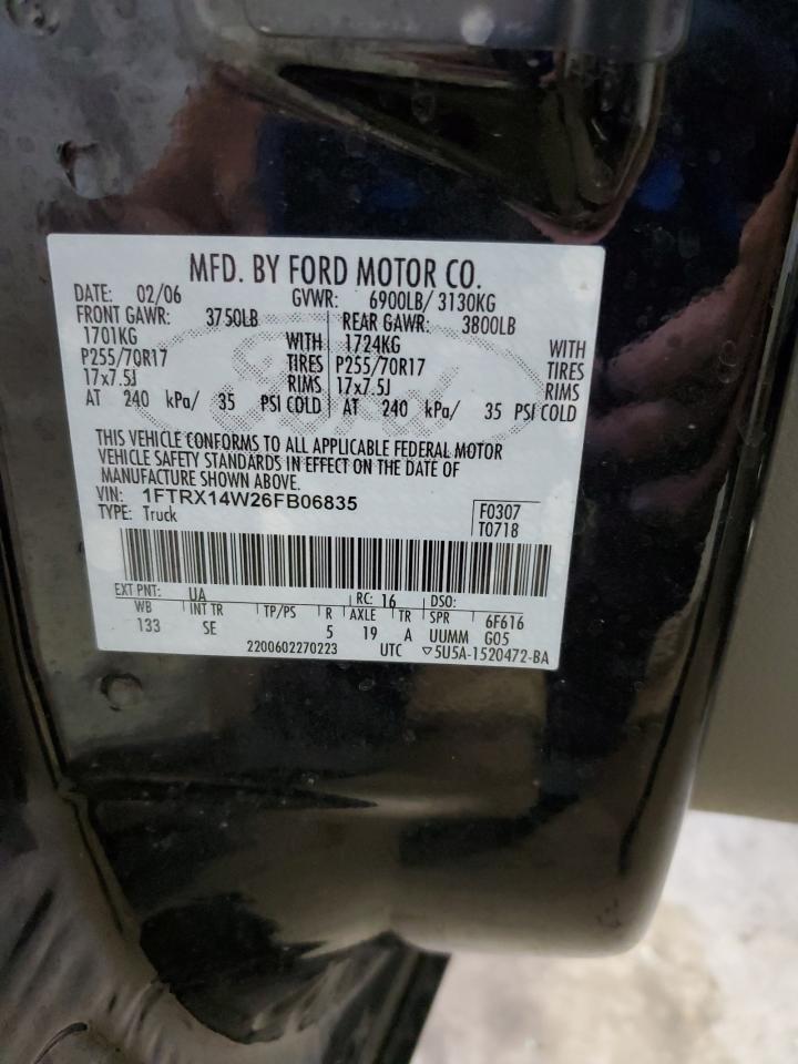2006 Ford F150 VIN: 1FTRX14W26FB06835 Lot: 84768025