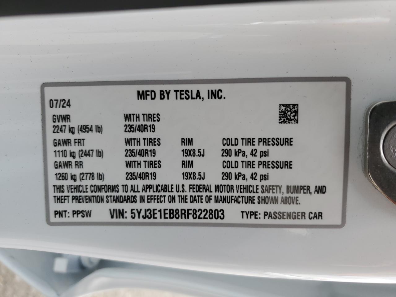 2024 Tesla Model 3 VIN: 5YJ3E1EB8RF822803 Lot: 85598685