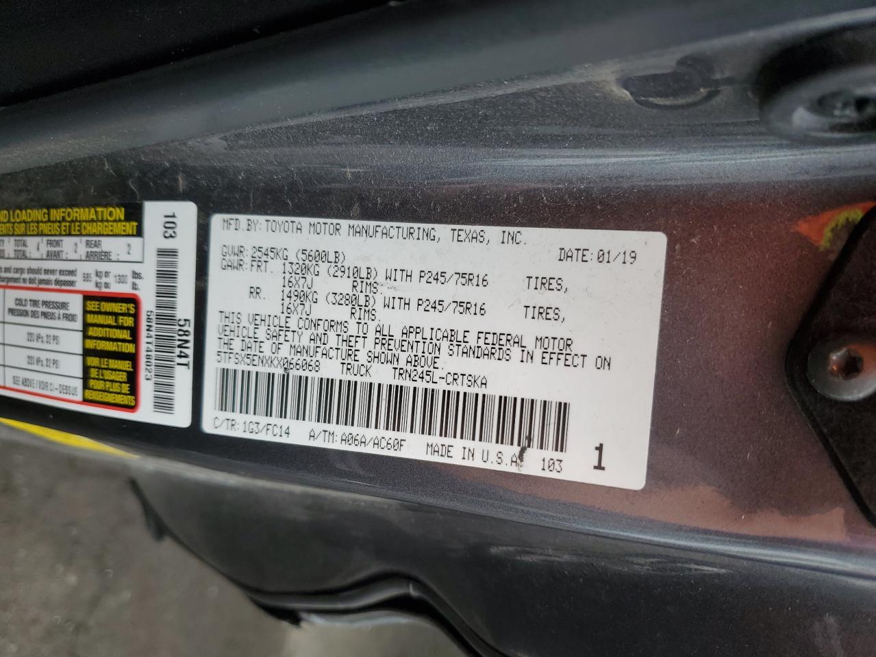 2019 Toyota Tacoma Access Cab VIN: 5TFSX5ENXKX066068 Lot: 85006855
