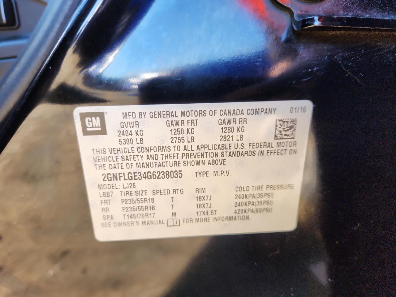 2016 Chevrolet Equinox Ltz VIN: 2GNFLGE34G6238035 Lot: 85911785