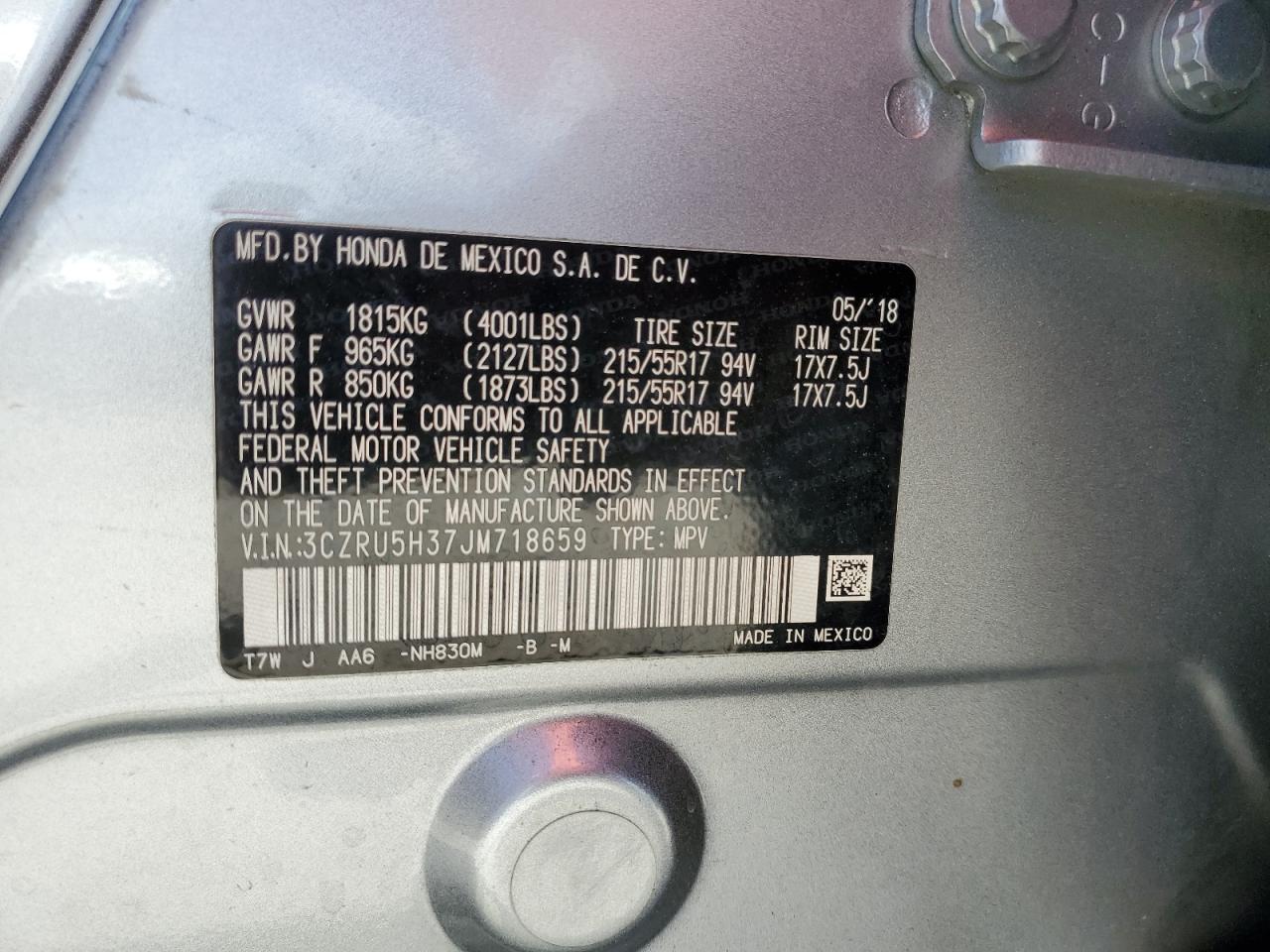 2018 Honda Hr-V Lx VIN: 3CZRU5H37JM718659 Lot: 86189715