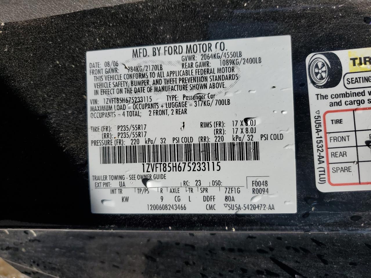 2007 Ford Mustang Gt VIN: 1ZVFT85H675233115 Lot: 84927105