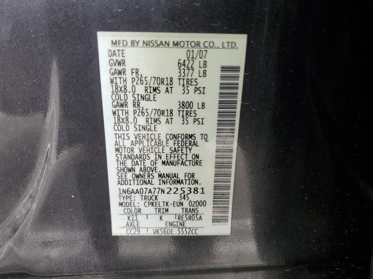 2007 Nissan Titan Xe VIN: 1N6AA07A77N225381 Lot: 82246335