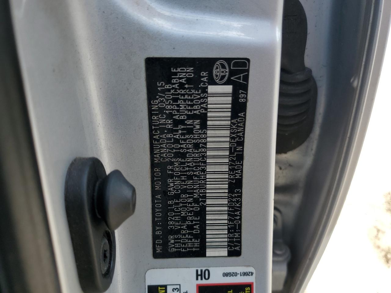 2015 Toyota Corolla L VIN: 2T1BURHE3FC387885 Lot: 84925055