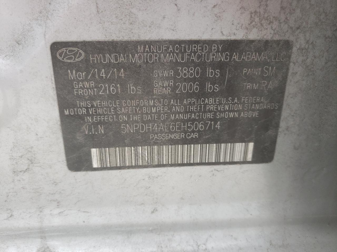 2014 Hyundai Elantra Se VIN: 5NPDH4AE6EH506714 Lot: 82412015