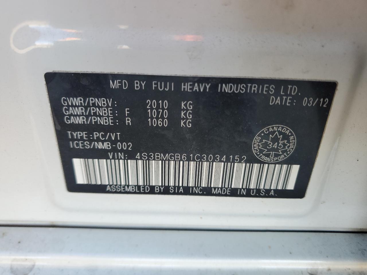 2012 Subaru Legacy 2.5I Premium VIN: 4S3BMGB61C3034152 Lot: 90691225