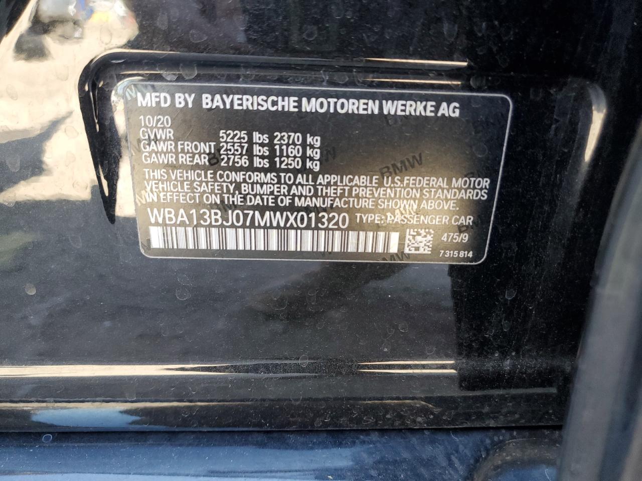 2021 BMW 530 Xi VIN: WBA13BJ07MWX01320 Lot: 81855875