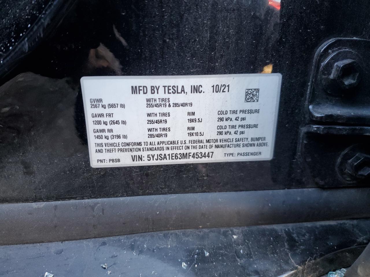 2021 Tesla Model S VIN: 5YJSA1E63MF453447 Lot: 86809155