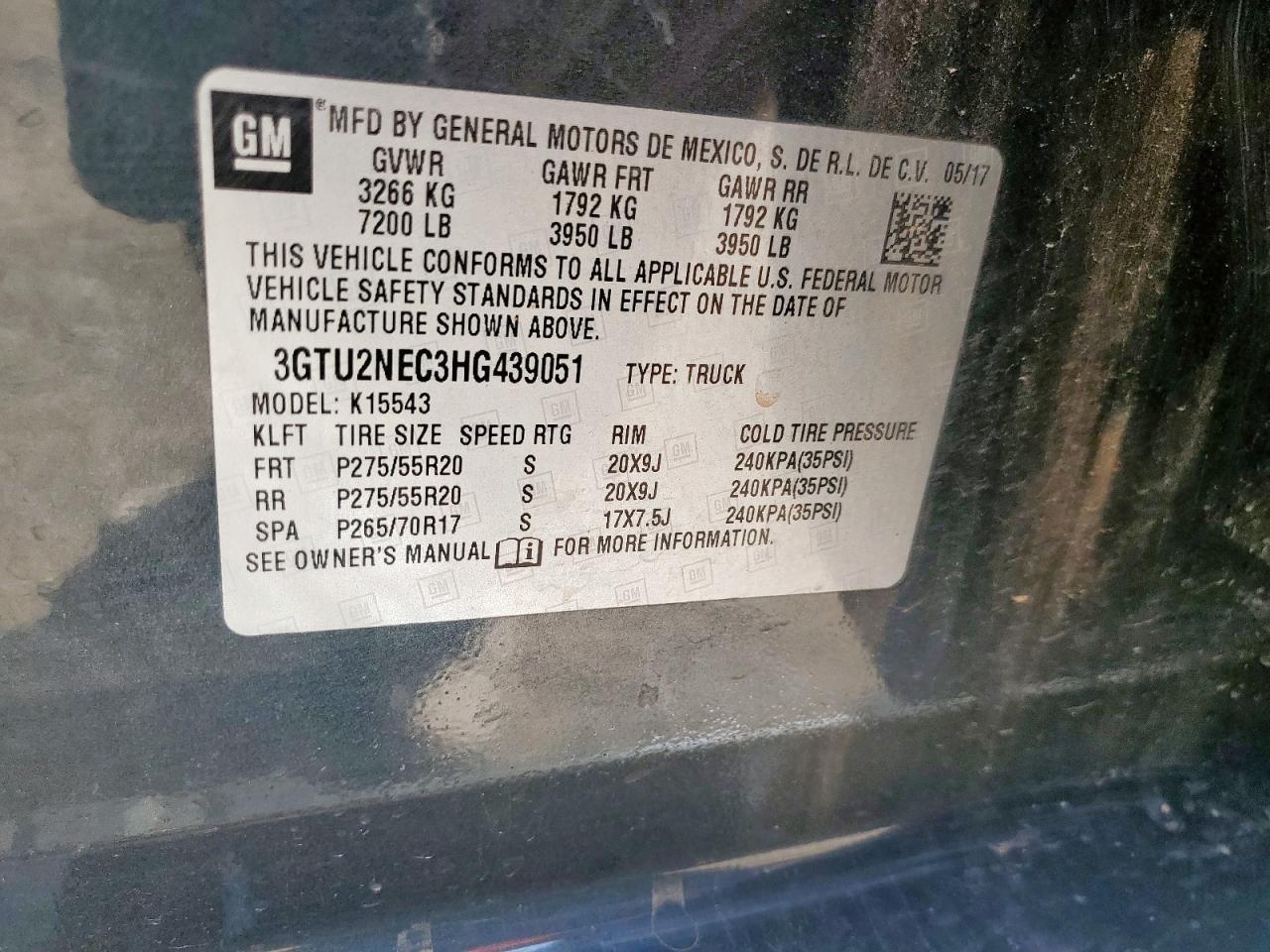 2017 GMC Sierra K1500 Slt VIN: 3GTU2NEC3HG439051 Lot: 84584705