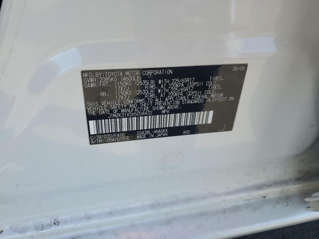 2006 Toyota Rav4 Limited VIN: JTMZK31V265004432 Lot: 85878655