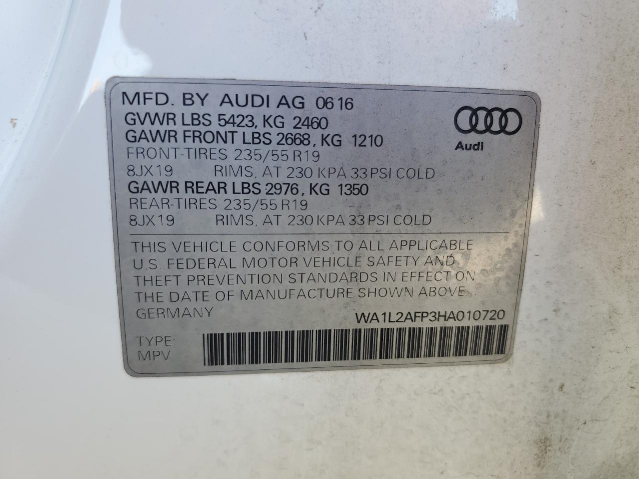 2017 Audi Q5 Premium Plus VIN: WA1L2AFP3HA010720 Lot: 86869525