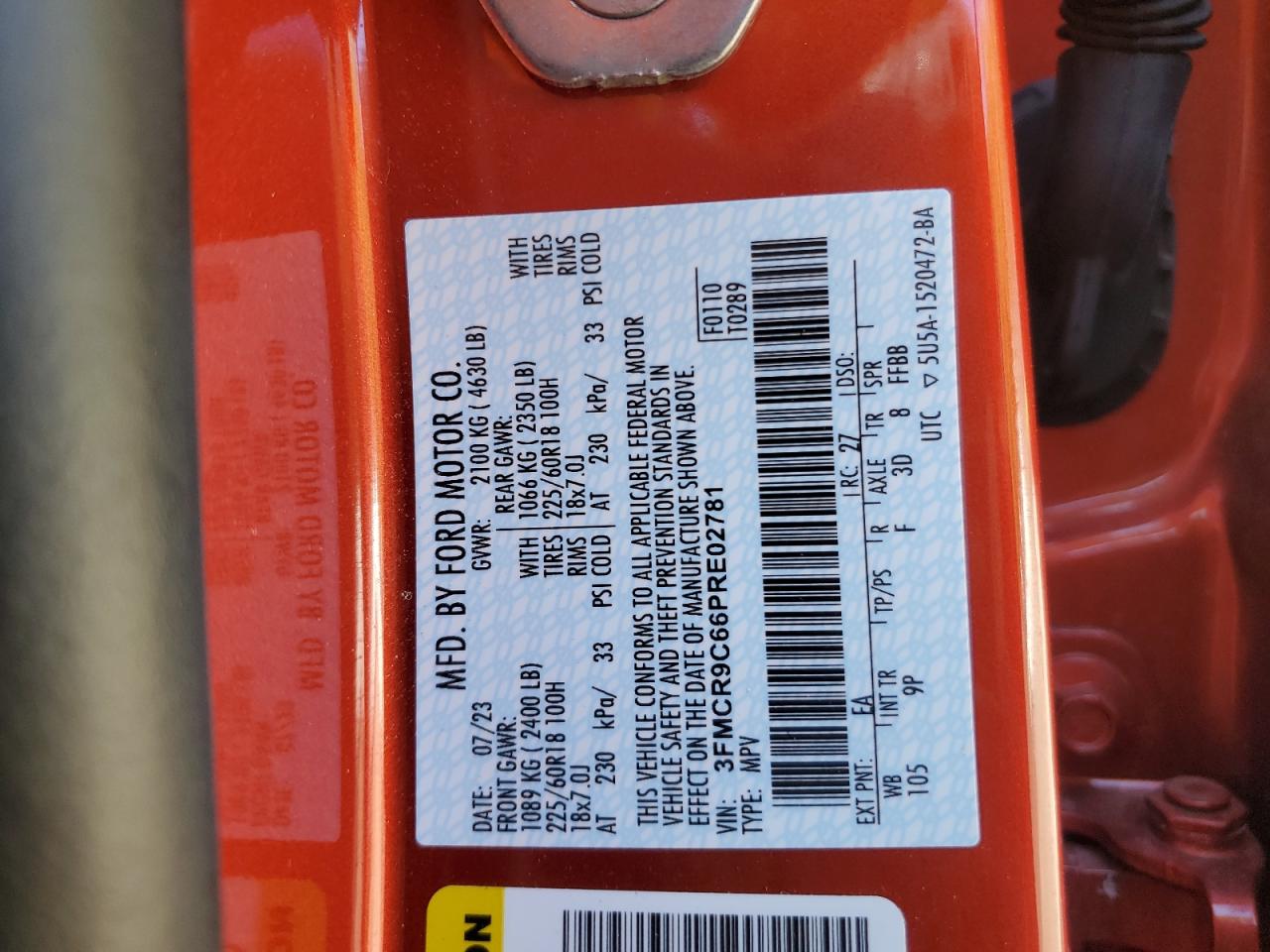 2023 Ford Bronco Sport Outer Banks VIN: 3FMCR9C66PRE02781 Lot: 85320255