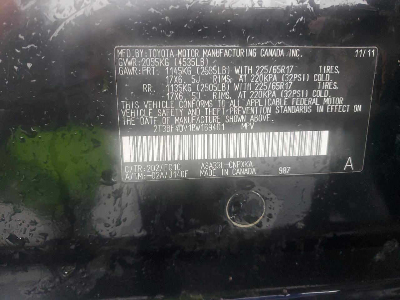 2011 Toyota Rav4 VIN: 2T3BF4DV1BW169401 Lot: 85359485