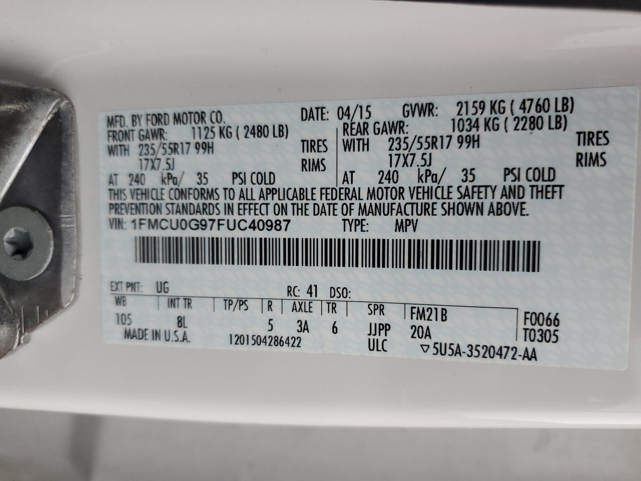 2015 Ford Escape Se VIN: 1FMCU0G97FUC40987 Lot: 90411325