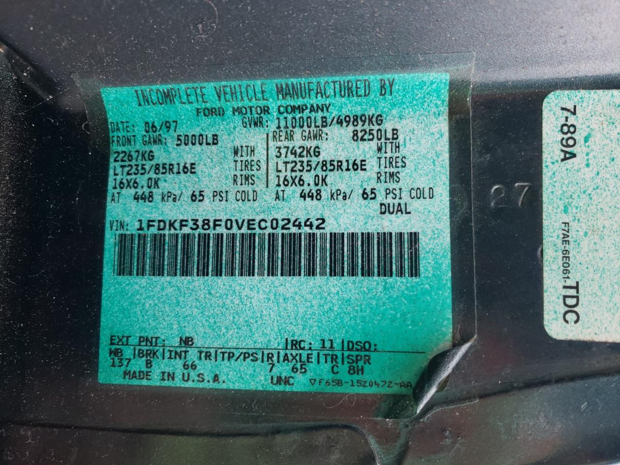 1997 Ford F350 VIN: 1FDKF38F0VEC02442 Lot: 85959795