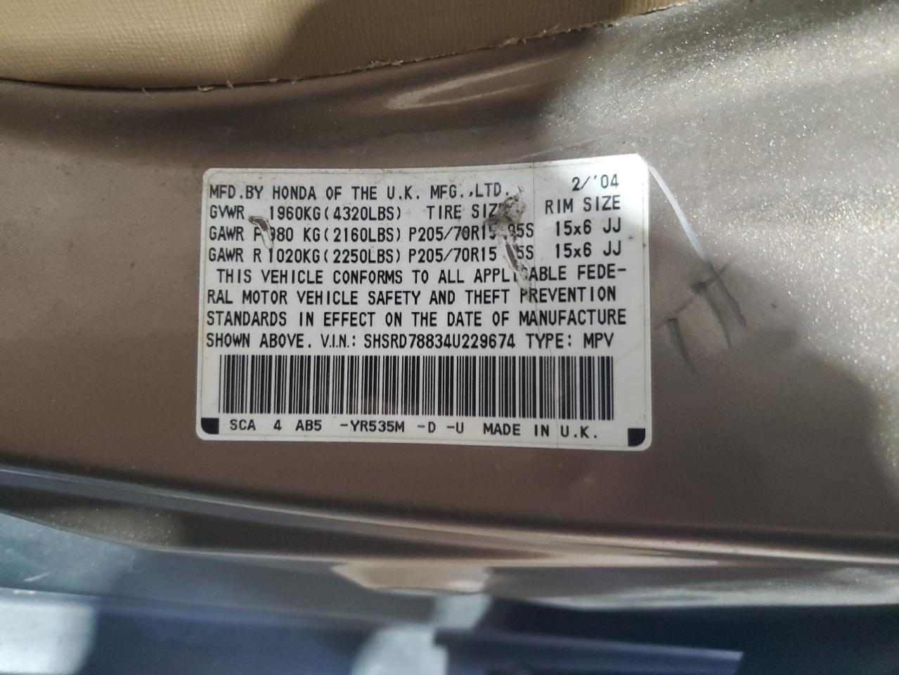 2004 Honda Cr-V Ex VIN: SHSRD78834U229674 Lot: 89847665