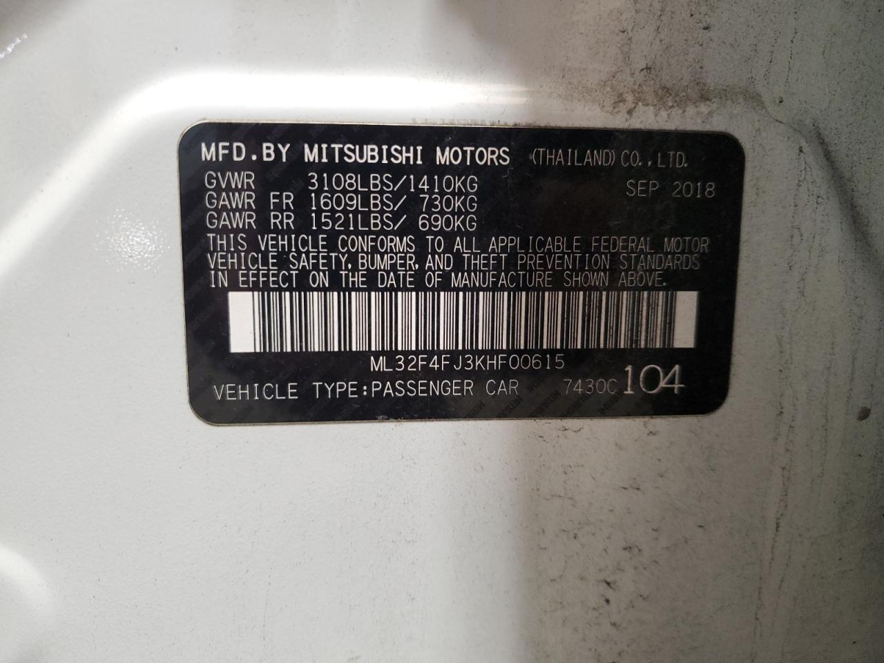 2019 Mitsubishi Mirage G4 Se VIN: ML32F4FJ3KHF00615 Lot: 84628005