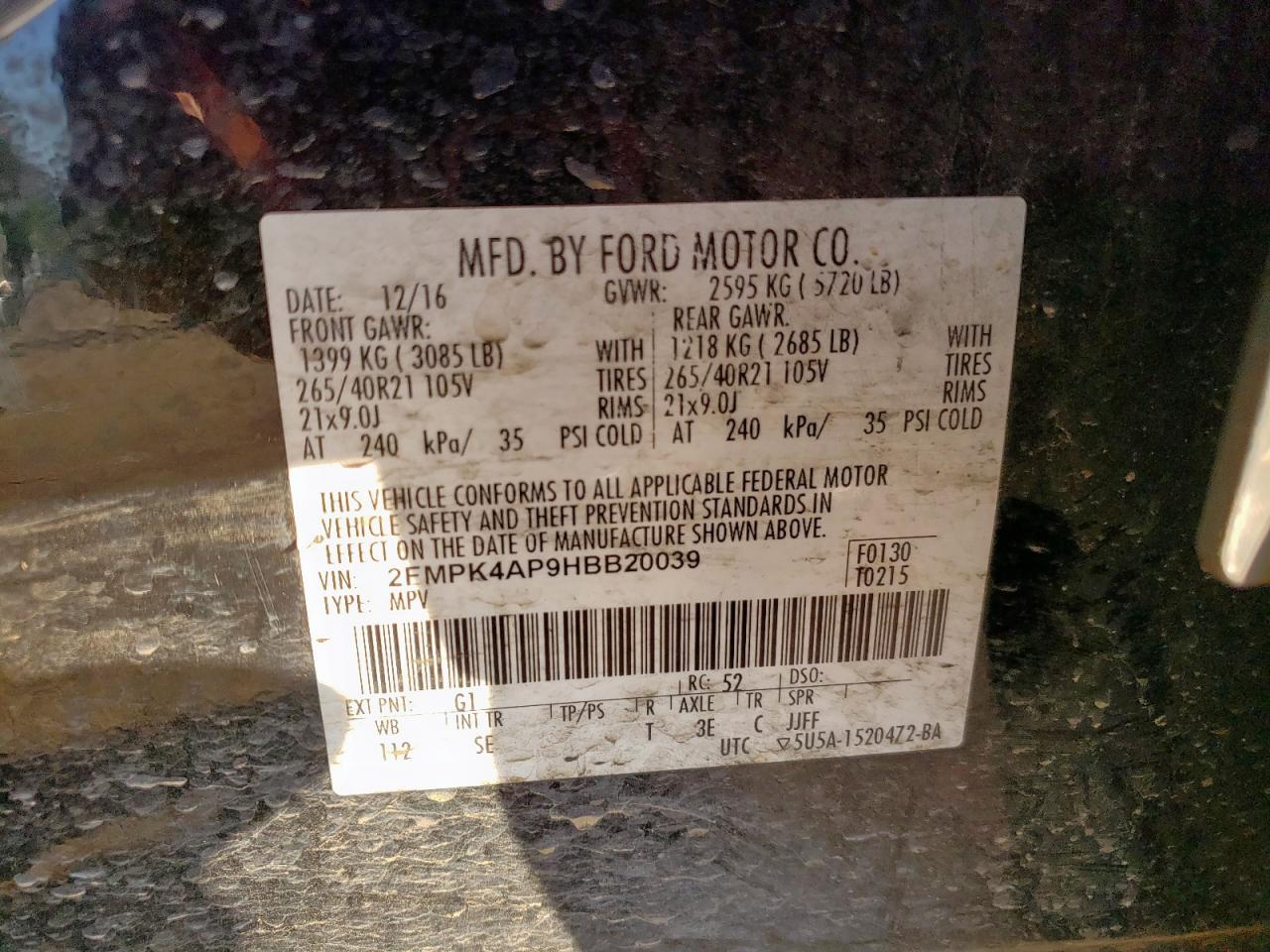 2017 Ford Edge Sport VIN: 2FMPK4AP9HBB20039 Lot: 85937395