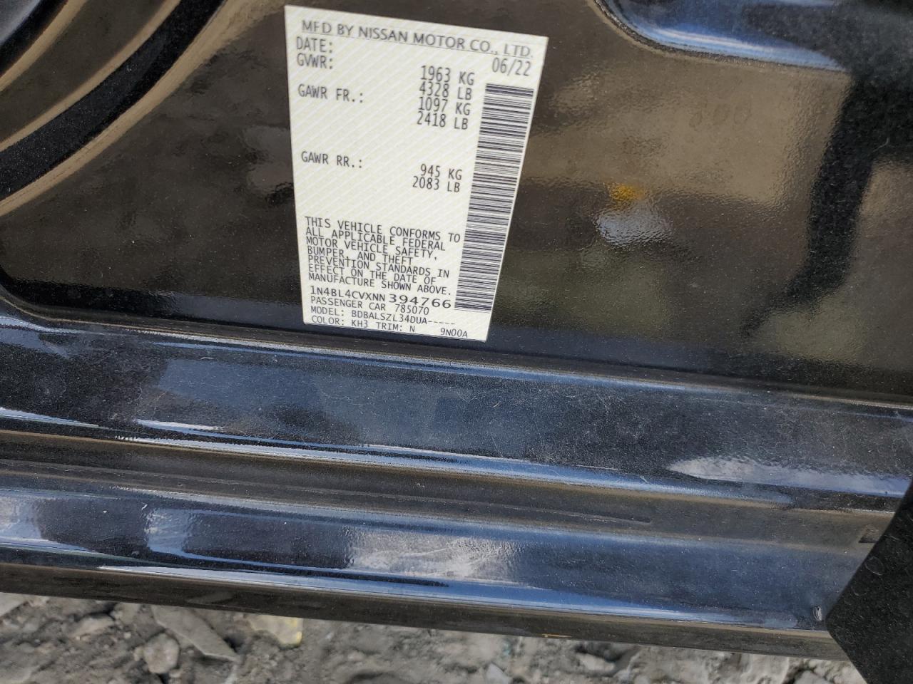 2022 Nissan Altima Sr VIN: 1N4BL4CVXNN394766 Lot: 84936615