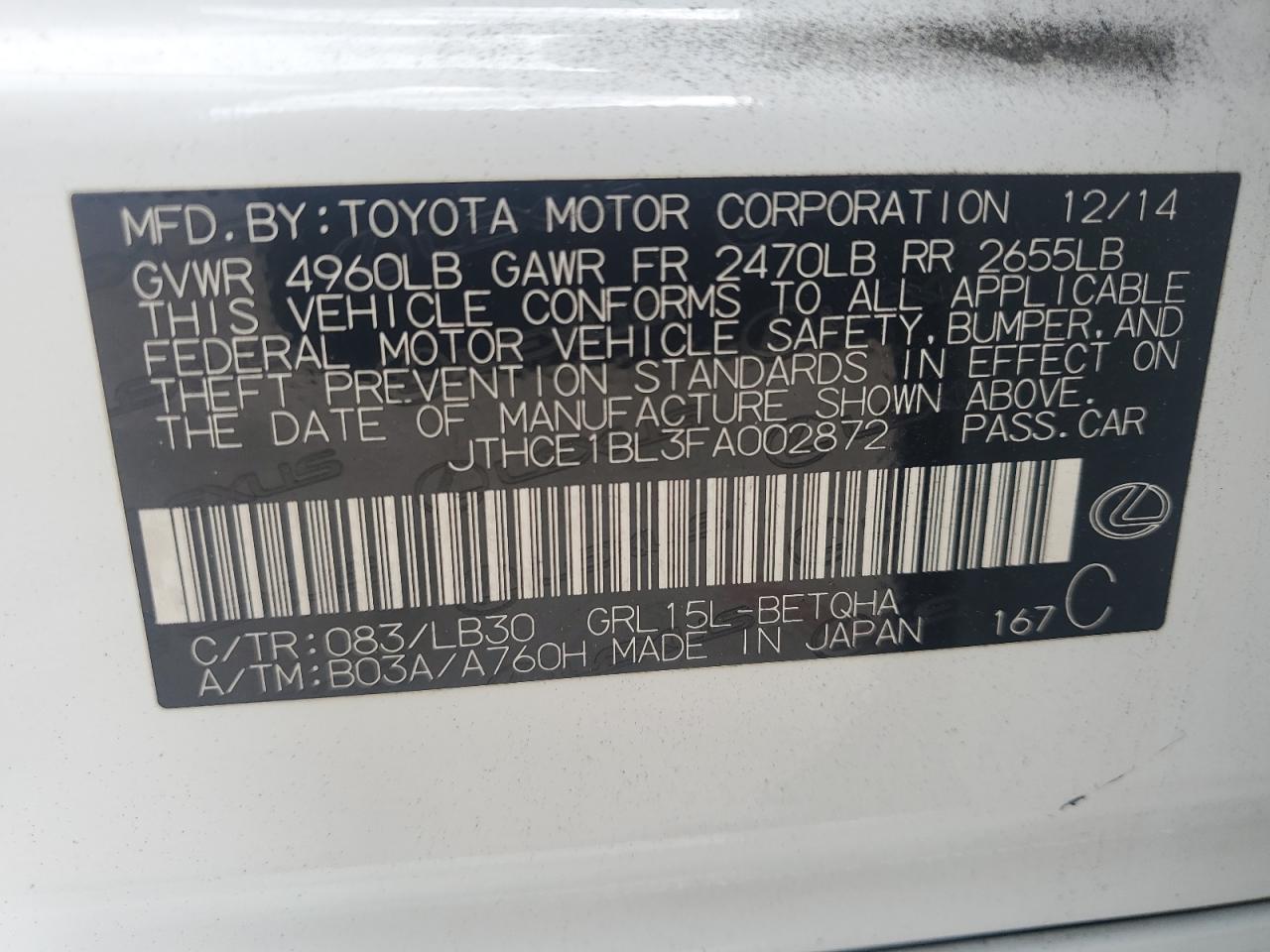 2015 Lexus Gs 350 VIN: JTHCE1BL3FA002872 Lot: 84451385