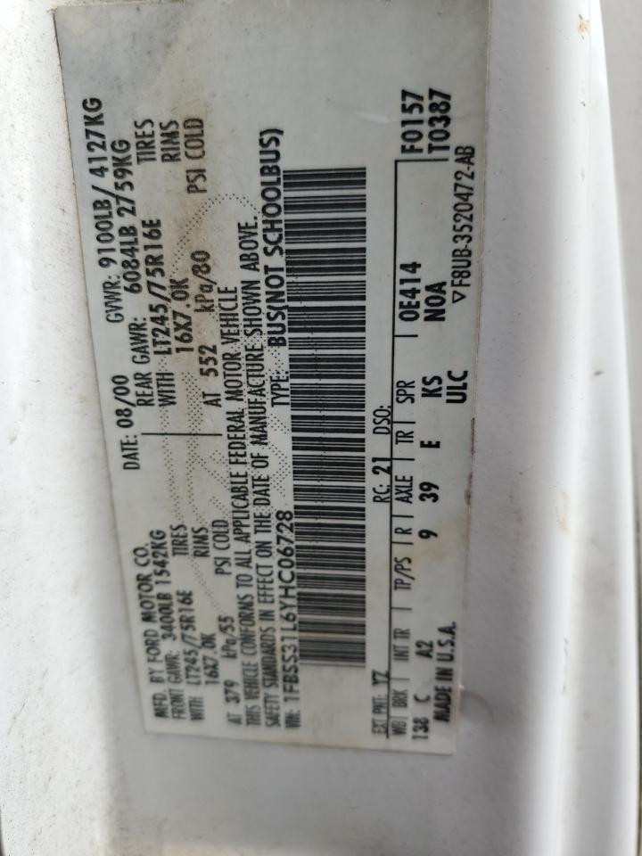 2000 Ford Econoline E350 Super Duty Wagon VIN: 1FBSS31L6YHC06728 Lot: 82737705