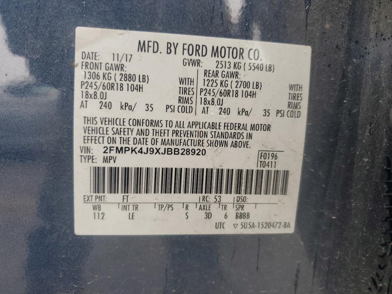 2018 Ford Edge Sel VIN: 2FMPK4J9XJBB28920 Lot: 89733625