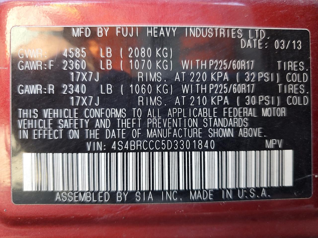 2013 Subaru Outback 2.5I Premium VIN: 4S4BRCCC5D3301840 Lot: 84468425