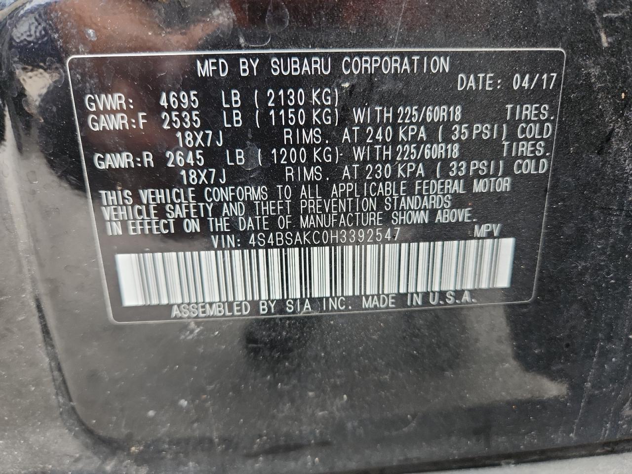 2017 Subaru Outback 2.5I Limited VIN: 4S4BSAKC0H3392547 Lot: 86133535