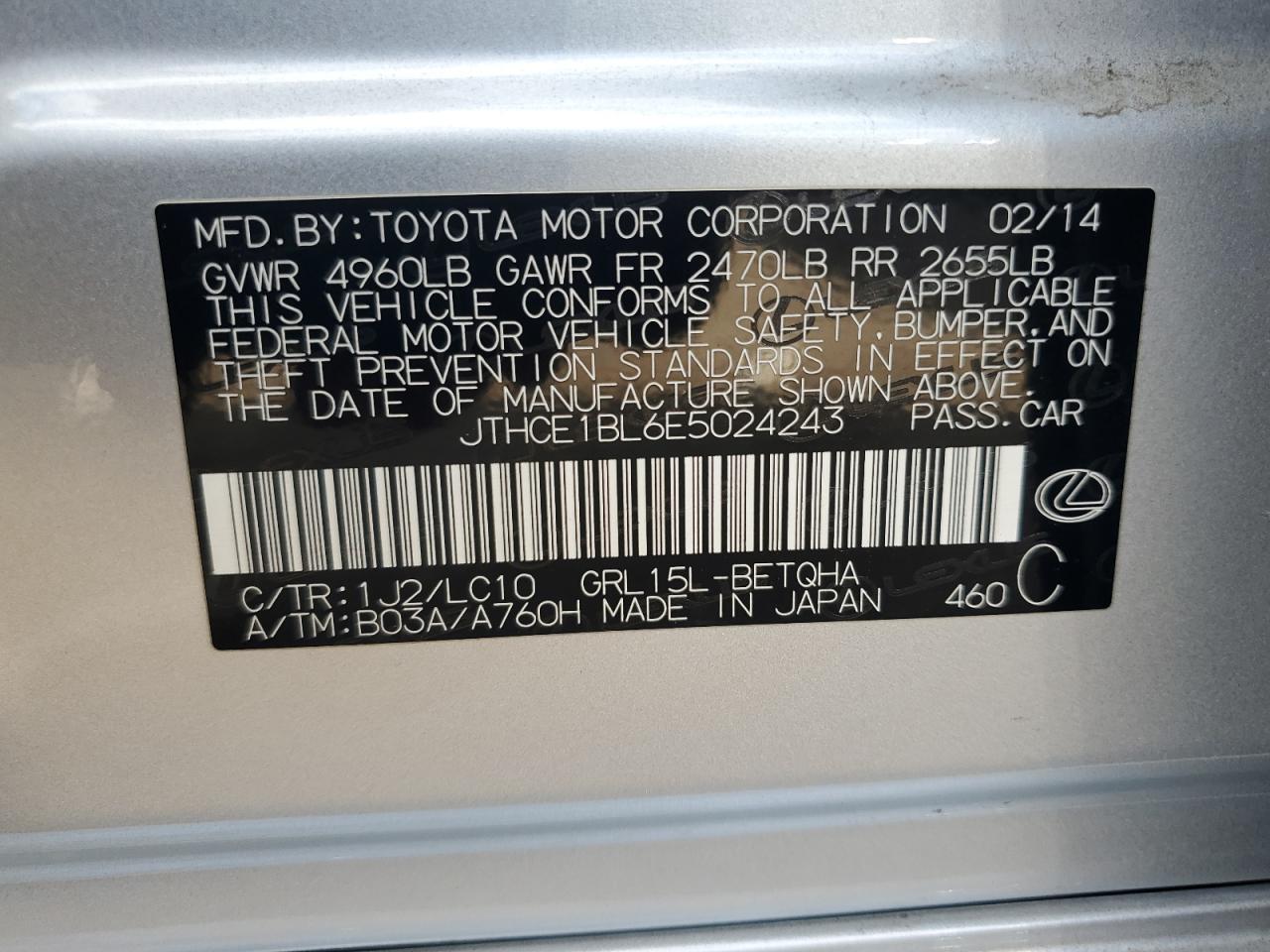 2014 Lexus Gs 350 VIN: JTHCE1BL6E5024243 Lot: 85275385