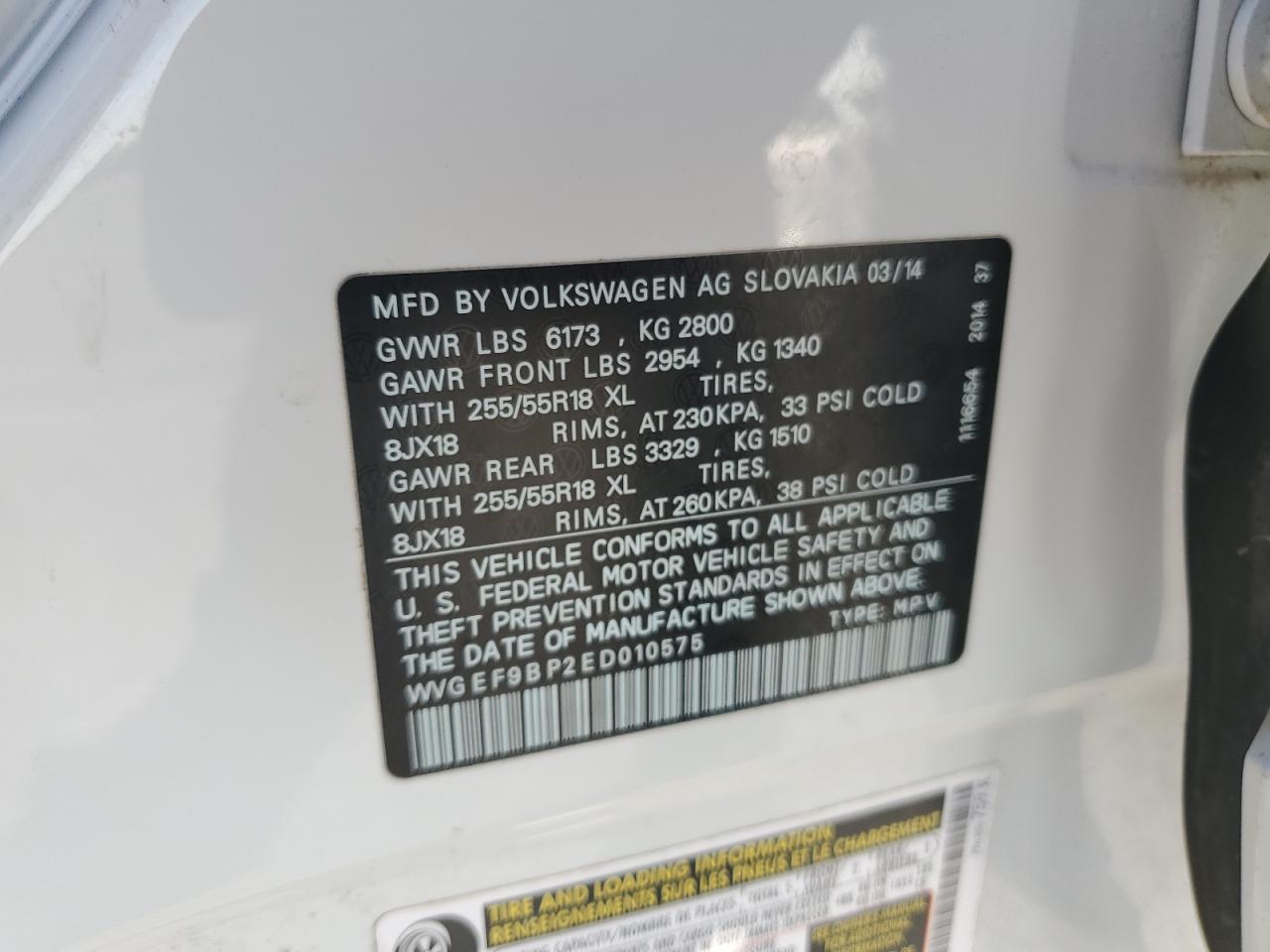 2014 Volkswagen Touareg V6 VIN: WVGEF9BP2ED010575 Lot: 85514155