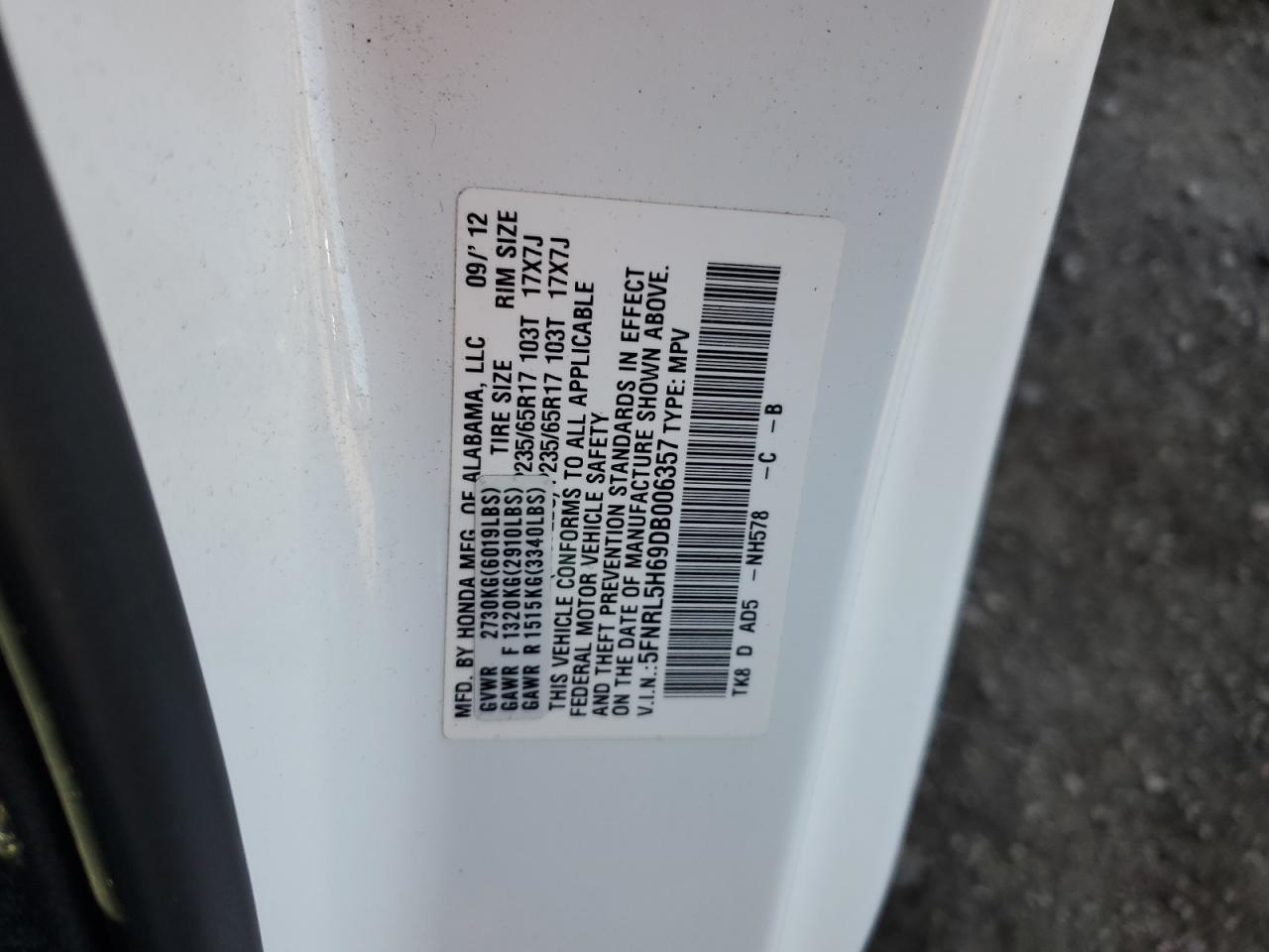 2013 Honda Odyssey Exl VIN: 5FNRL5H69DB006357 Lot: 82297485