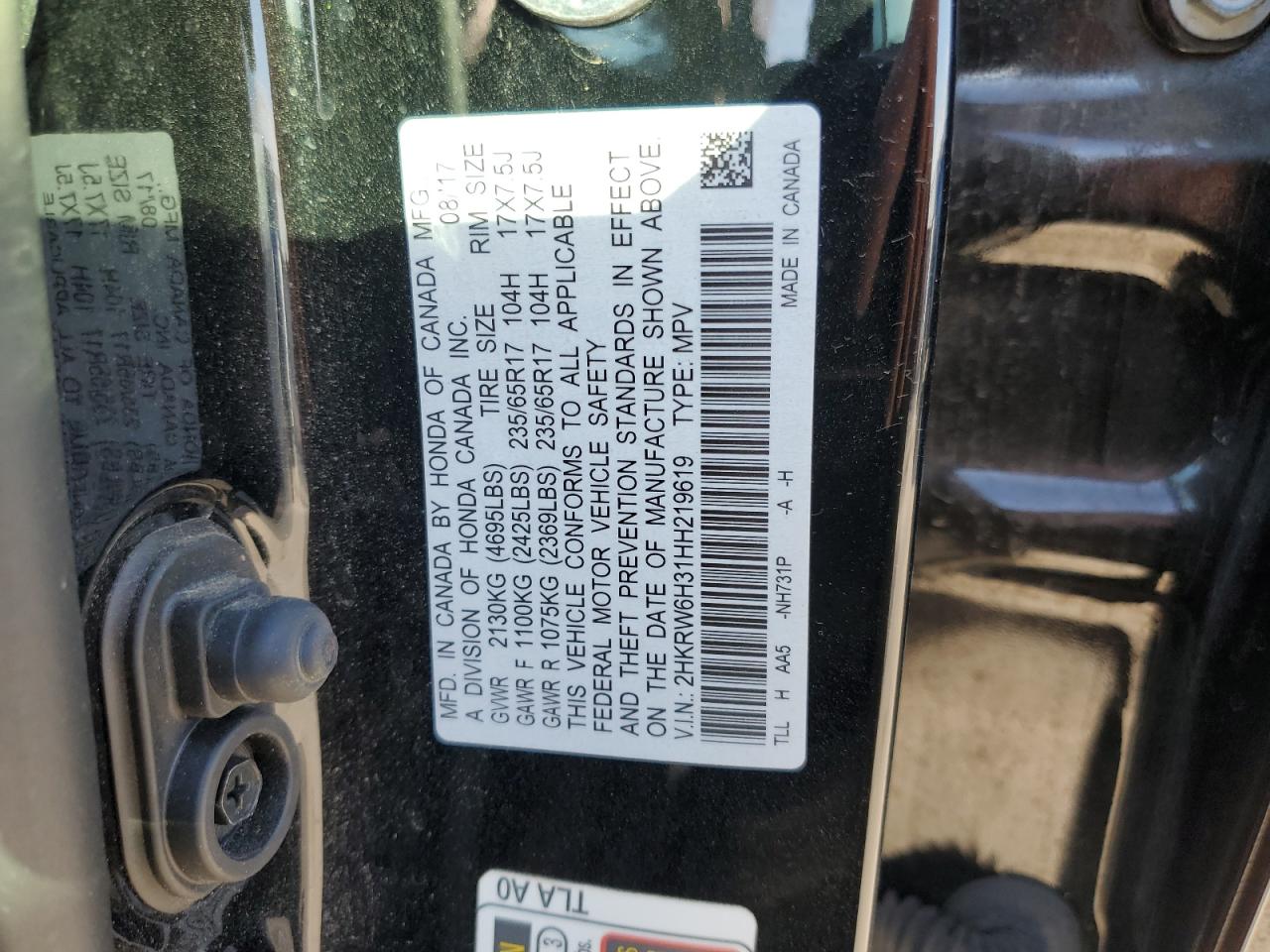 2017 Honda Cr-V Lx VIN: 2HKRW6H31HH219619 Lot: 86821885