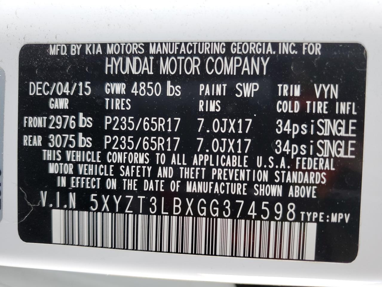 2016 Hyundai Santa Fe Sport VIN: 5XYZT3LBXGG374598 Lot: 84957495