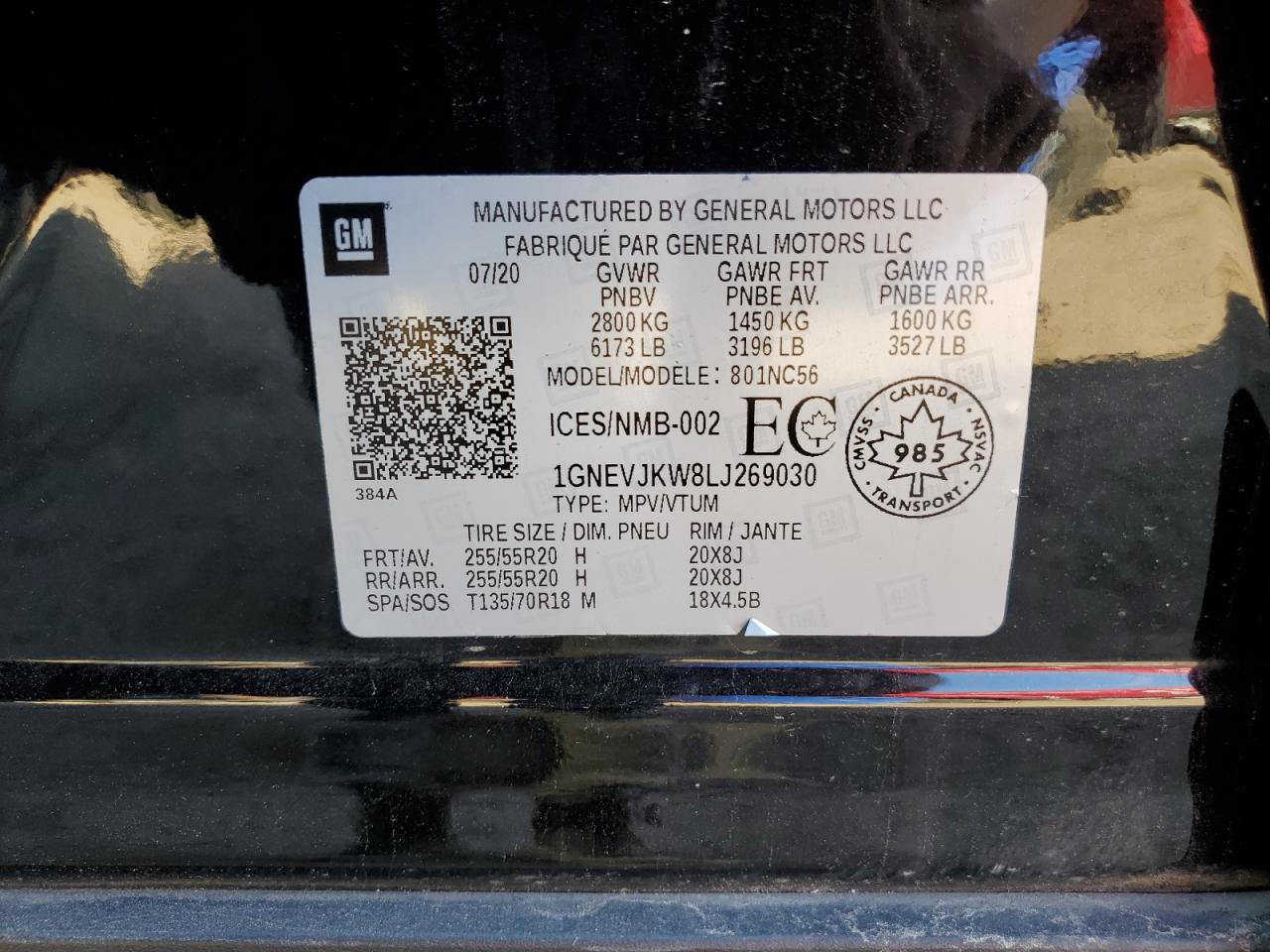 2020 Chevrolet Traverse Rs VIN: 1GNEVJKW8LJ269030 Lot: 85200135