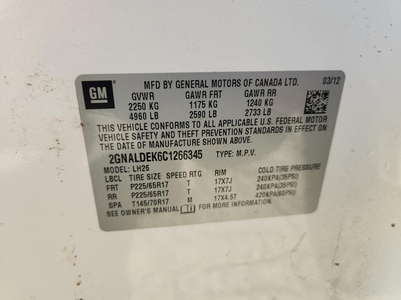 2012 Chevrolet Equinox Lt VIN: 2GNALDEK6C1266345 Lot: 84919815