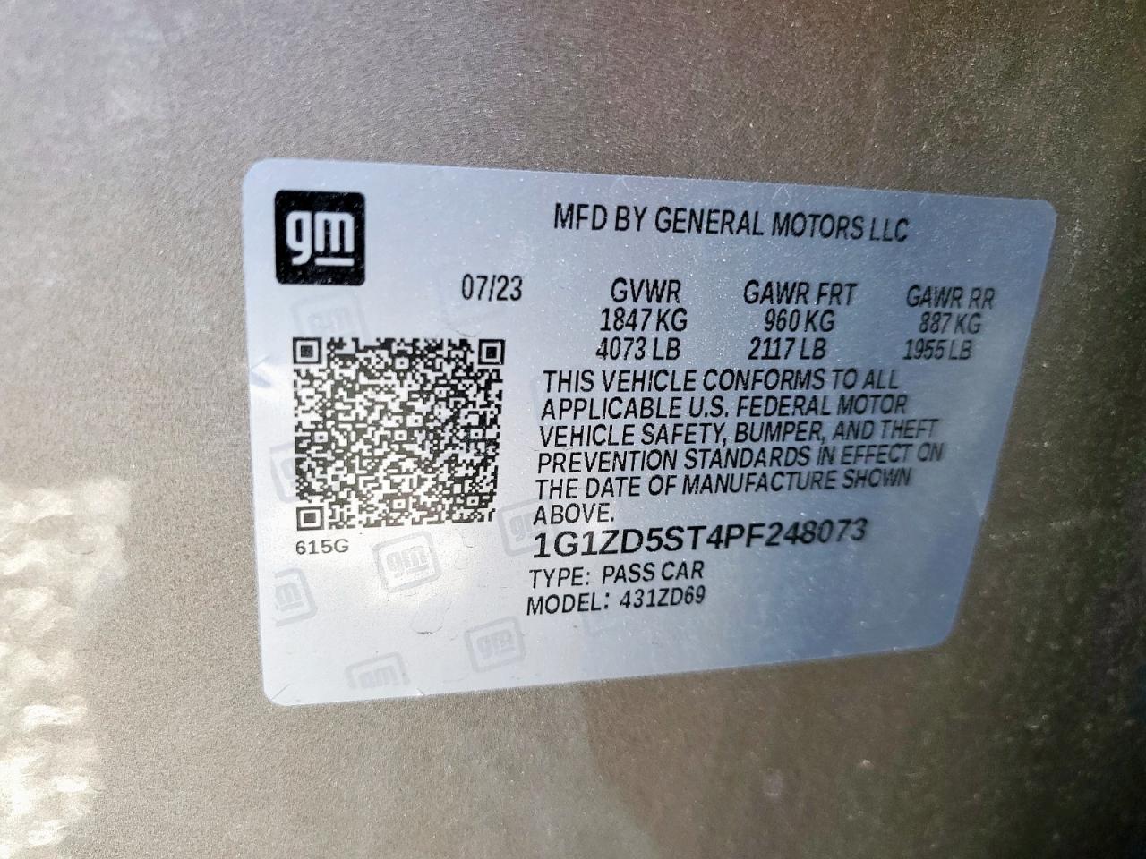 2023 Chevrolet Malibu Lt VIN: 1G1ZD5ST4PF248073 Lot: 82434465