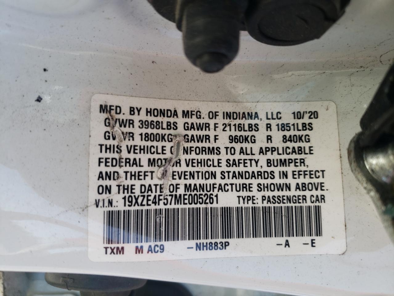 2021 Honda Insight Ex VIN: 19XZE4F57ME005261 Lot: 89455385