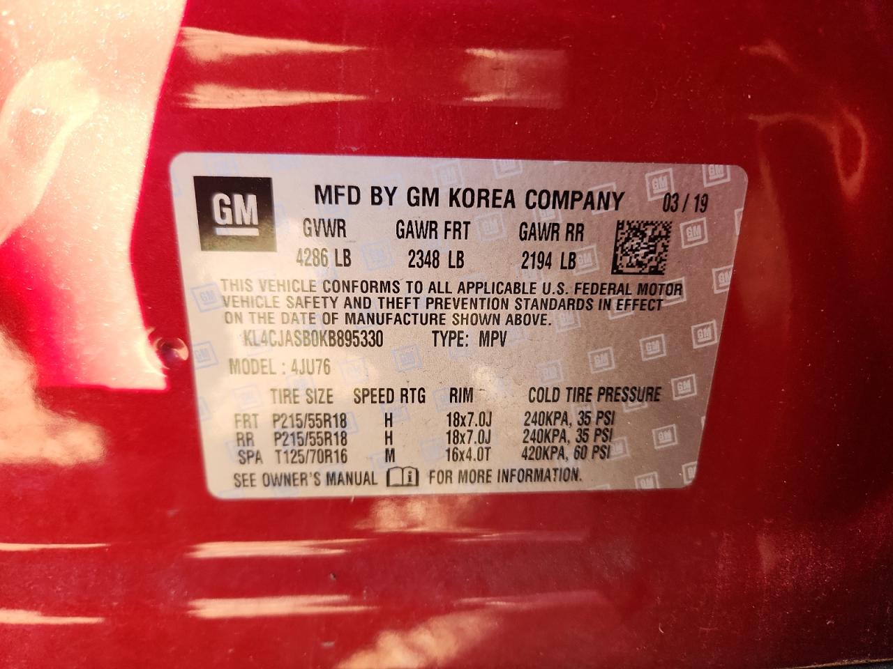 2019 Buick Encore Preferred VIN: KL4CJASB0KB895330 Lot: 90295715