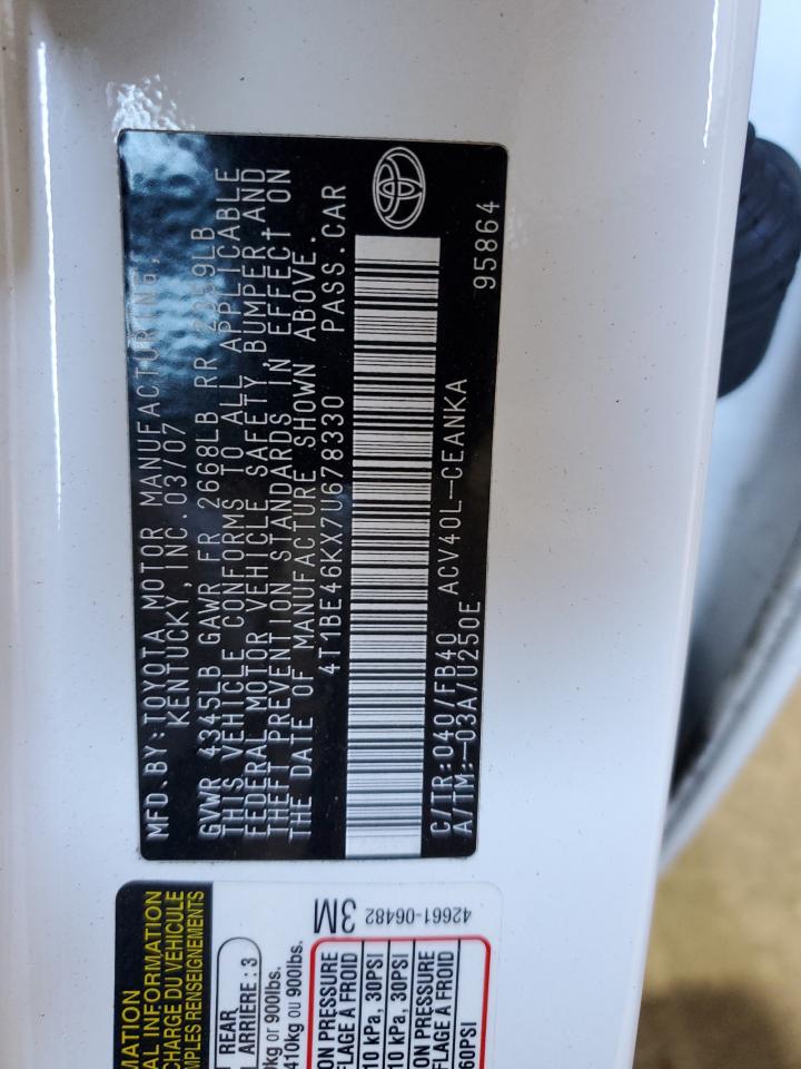 2007 Toyota Camry Ce VIN: 4T1BE46KX7U678330 Lot: 82740575