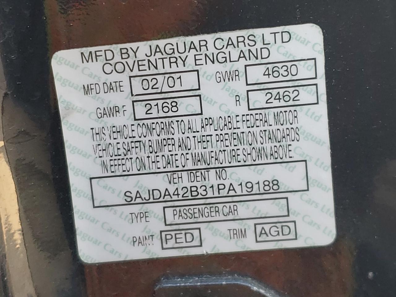 2001 Jaguar Xkr VIN: SAJDA42B31PA19188 Lot: 85266245