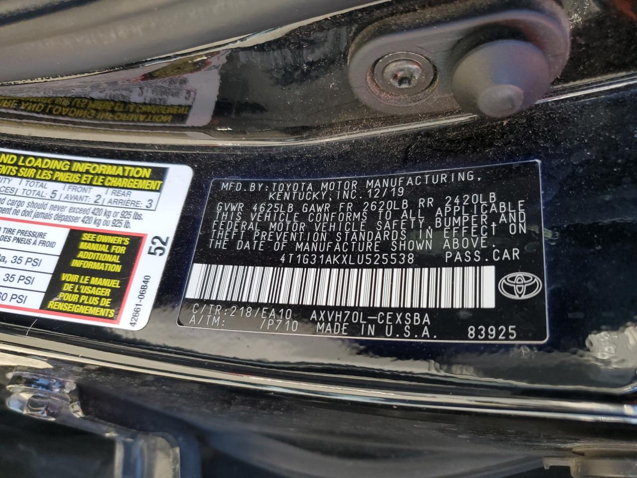 2020 Toyota Camry Se VIN: 4T1G31AKXLU525538 Lot: 82483915