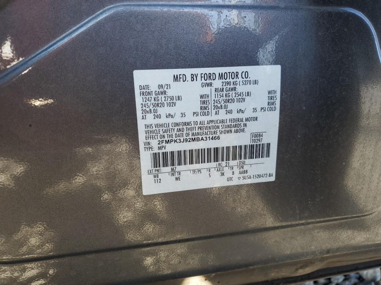 2021 Ford Edge Sel VIN: 2FMPK3J92MBA31466 Lot: 82683825