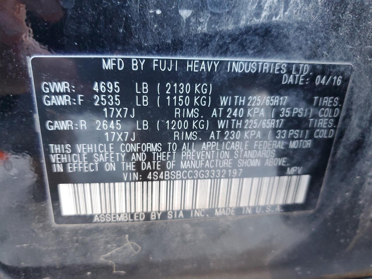 2016 Subaru Outback 2.5I Premium VIN: 4S4BSBCC3G3332197 Lot: 89512525