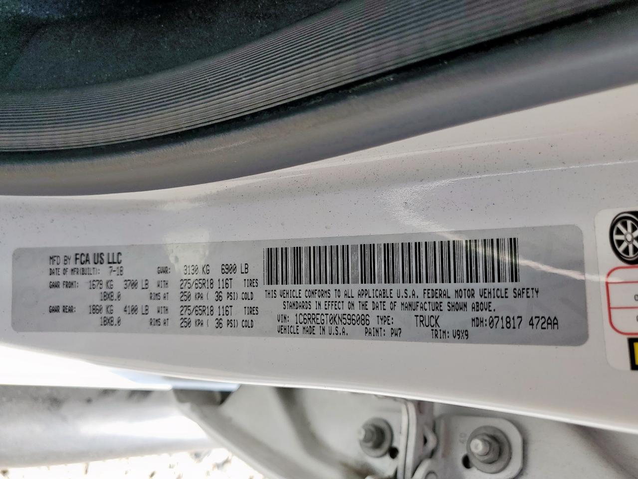 2019 Ram 1500 Tradesman VIN: 1C6RREGT0KN596086 Lot: 86232055