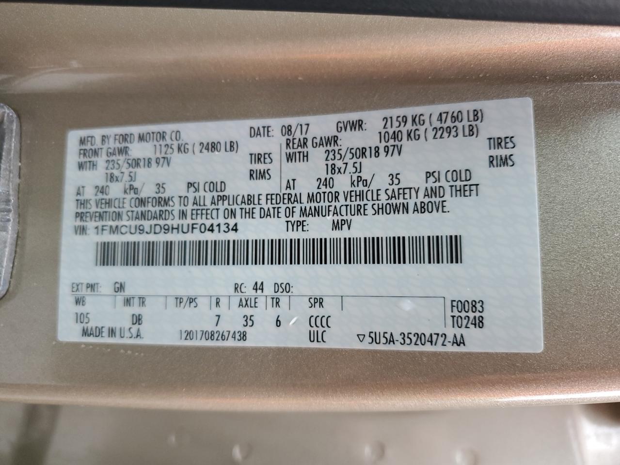 2017 Ford Escape Titanium VIN: 1FMCU9JD9HUF04134 Lot: 82225565