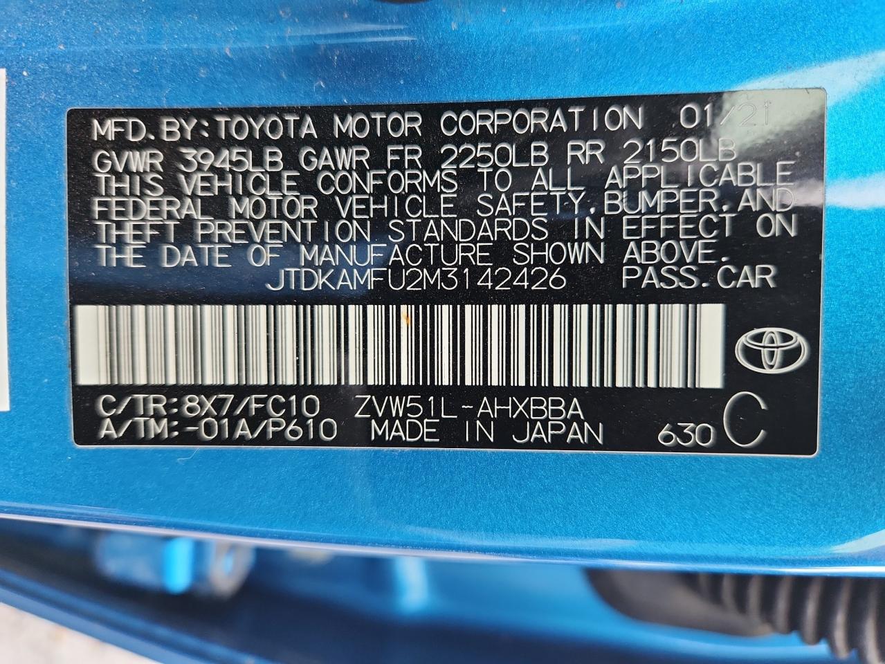 2021 Toyota Prius Special Edition VIN: JTDKAMFU2M3142426 Lot: 89877445