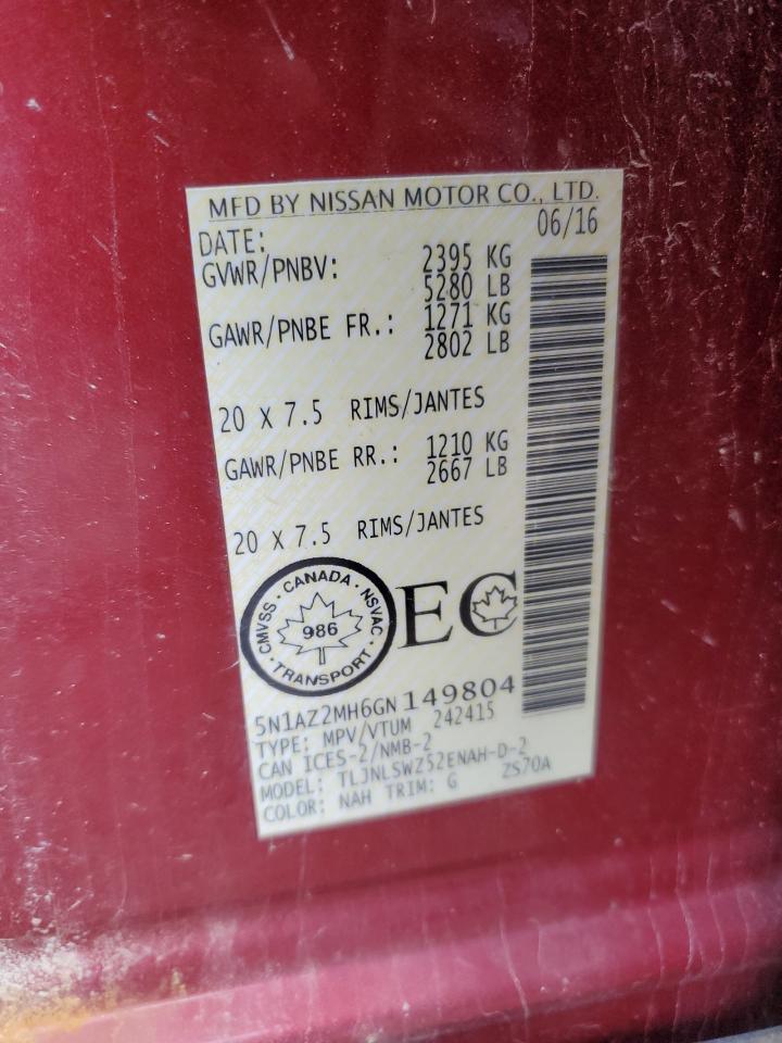 2016 Nissan Murano S VIN: 5N1AZ2MH6GN149804 Lot: 86219035