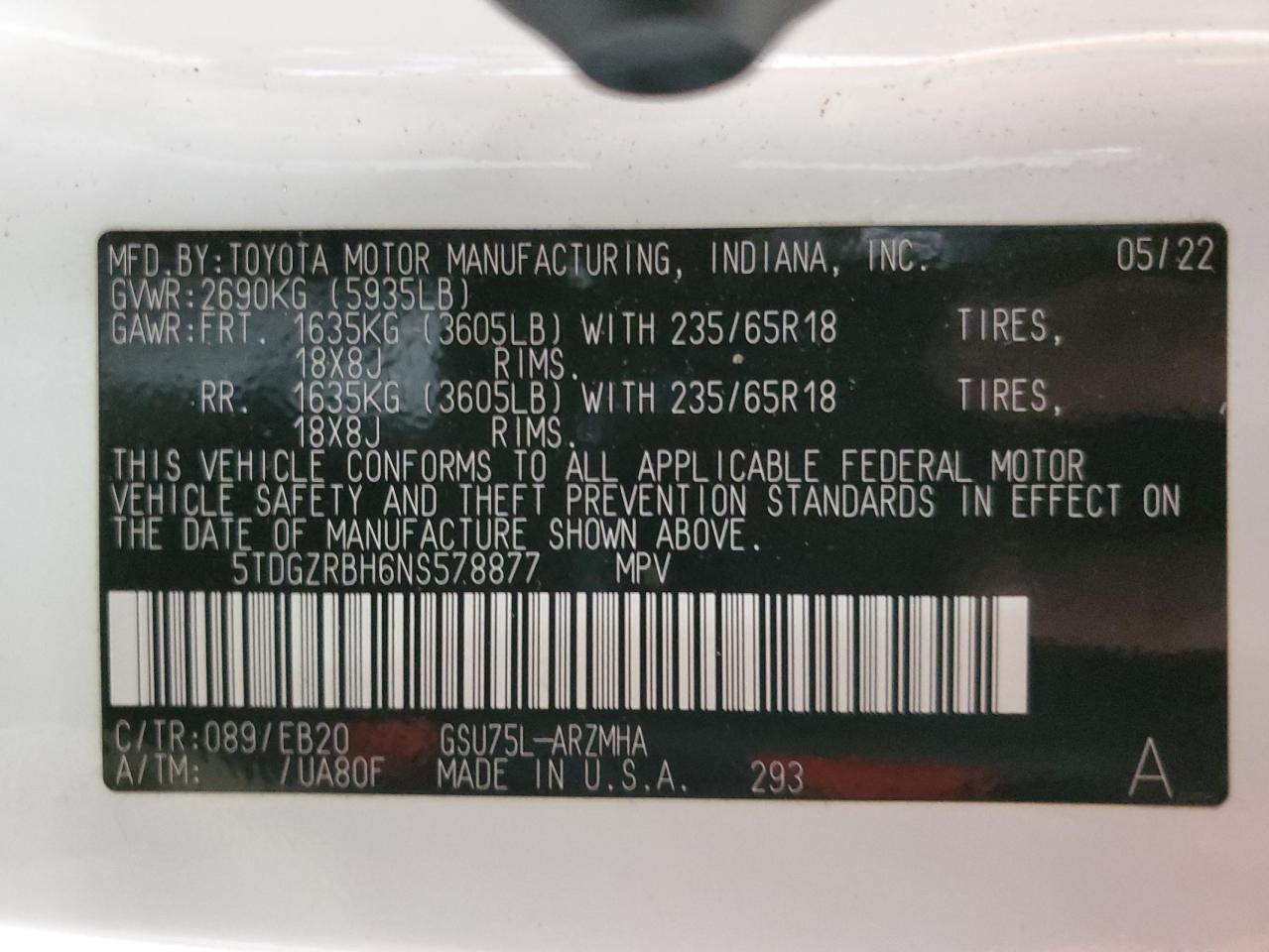 2022 Toyota Highlander Xle VIN: 5TDGZRBH6NS578877 Lot: 85915815